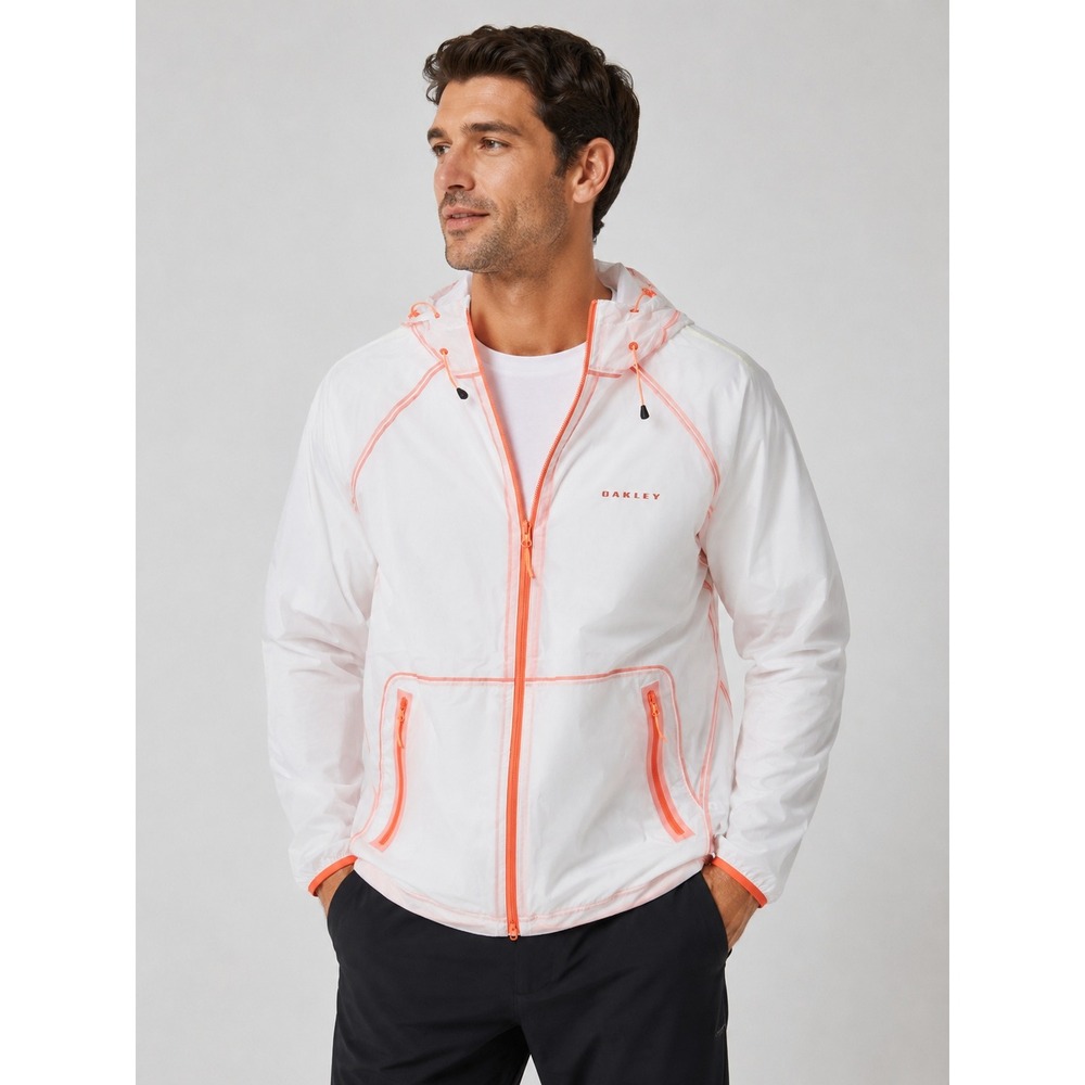 Oakley Unisex‎ White Neon Orange Taped Seam Windbreaker Hooded Jacket Small New